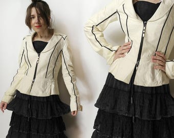 Vintage BIBA Cream Leather Jacket - Avant Garde Ruffle Peplum  leather Blazer - Designer Off-White Leather Zip Up Coat
