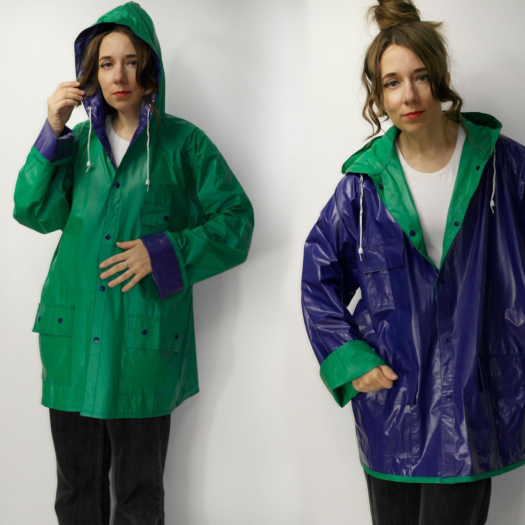 Vintage Reversible PVC Rain Jacket | Green Blue 80s Raincoat