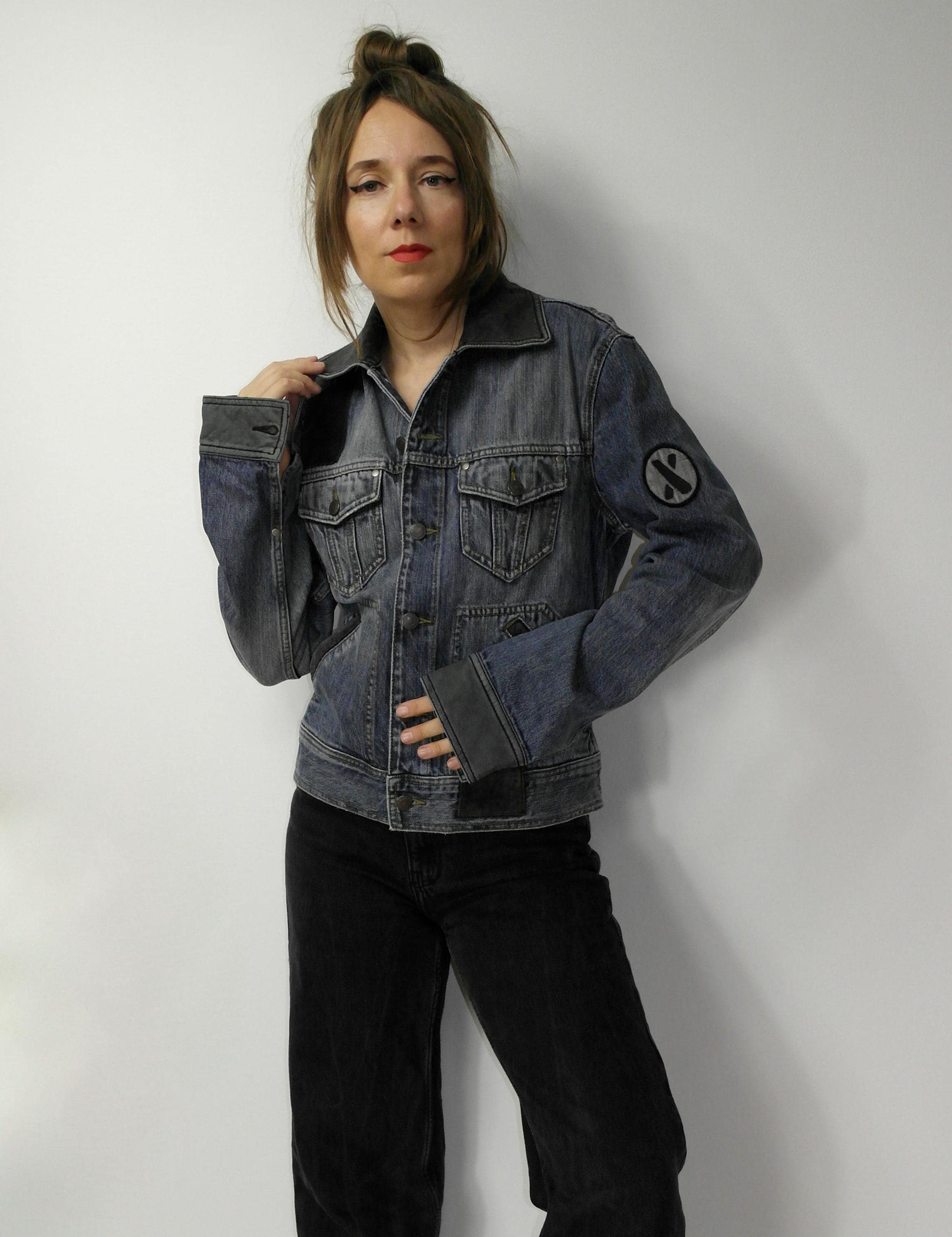 Y2K Armani Exchange Denim Jacket Logo Patch Jean Jacket Leather