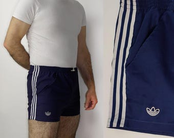 Rare Vintage 70s Adidas Ventex Tennis Shorts – Made in France Blue Cotton Sport Shorts D 50 GB 36 – Trefoil Logo Embroidered Front