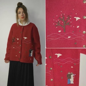 Vintage Wool Applique Jacket L – Red Austrian Bavarian Tyrol Cardigan – 3D Folk Style Blazer – Oktoberfest Trachten Look