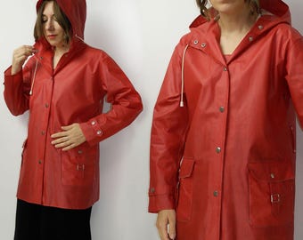 Vintage 70er Jahre Rukka Regenmantel PVC Kapuze Rote Jacke Finnische Wasserdichte Retro Oberbekleidung Unisex Regenjacke Größe 34