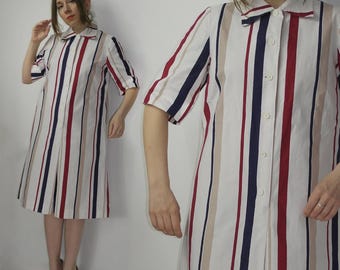 Vintage MARIMEKKO Dress 1975 Striped Shirt Dress / Finnish Mod A-Line Short Sleeve / Red White Navy Blue Beige Stripes Scandinavian Design