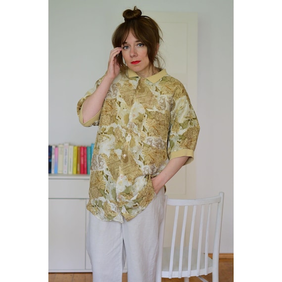 Vintage 90s Silk Abstract Print shirt, Short Sleeve Oversized Silk Shirt, Olive Green Collared Button Down, Retro Boho Top