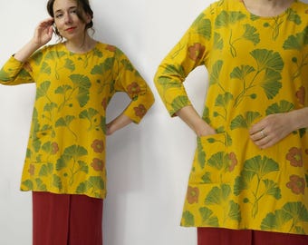Finnish Design Tunic Top | Scandinavian Mustard Yellow Floral Tunic | Women's Sleeve Cotton Tunic with Pocket | Artistic Boho Tunic