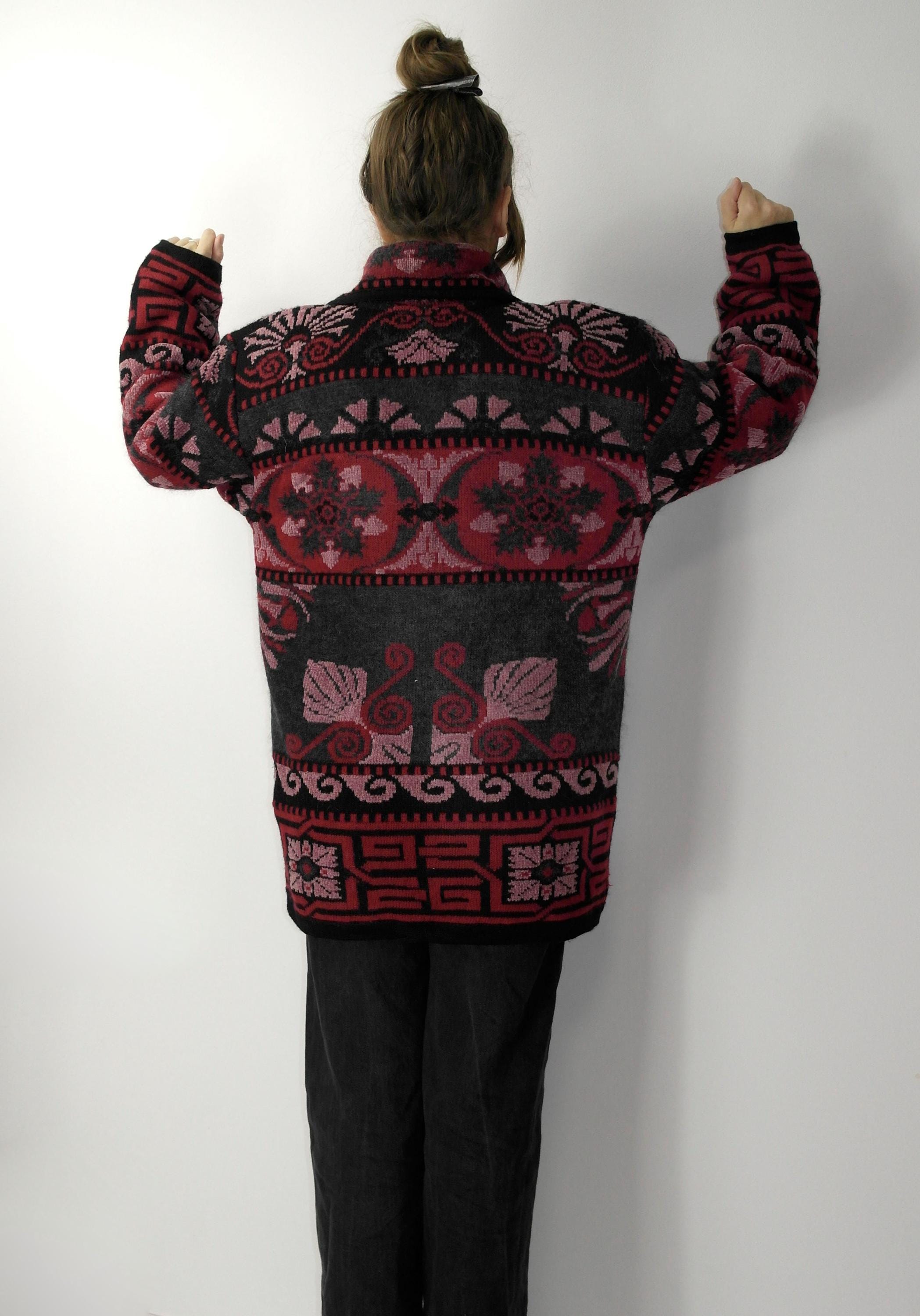 Vintage Italian Wool Mohair Blend Sweater Jacket | Red Black Knit 