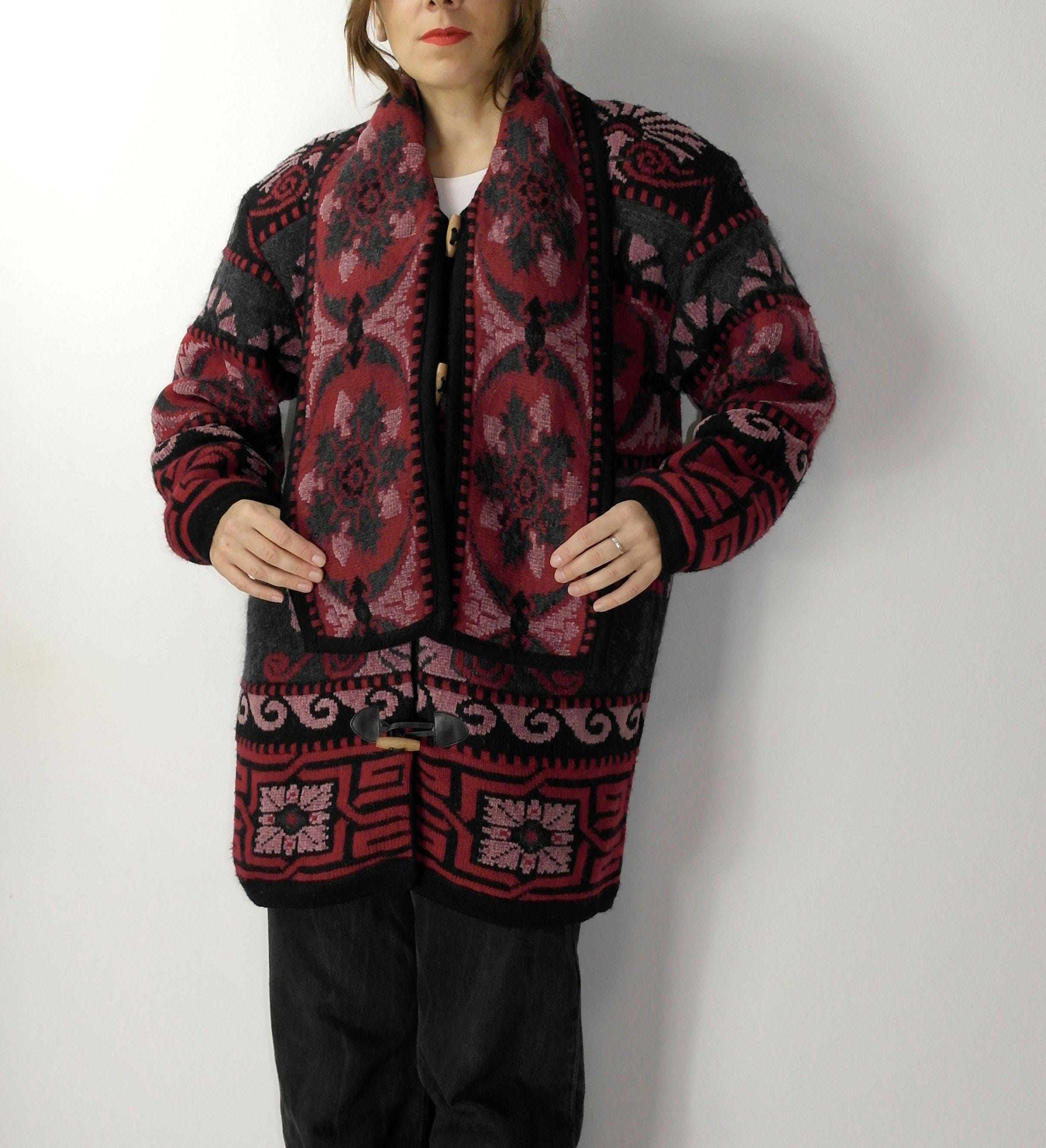 Vintage Italian Wool Mohair Blend Sweater Jacket | Red Black Knit 