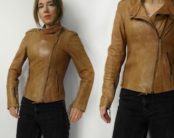 Giacca in vera pelle marrone vintage anni 2000 da donna in stile motociclista / Cappotto aderente con cerniera in vera pelle