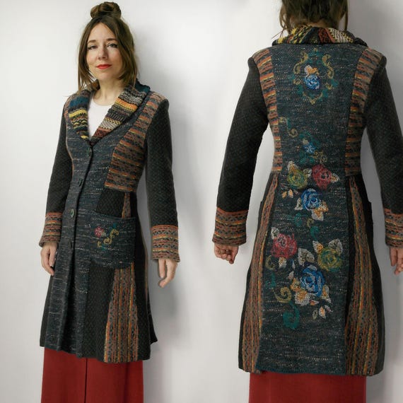 Vintage IVKO Wool jacket Coat / Embroidered Floral Wool Sweater Jacket / European Bohemian Knitwear / Artsy Warm Long Cardigan size 38