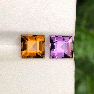 Può includere: Due gemme a taglio quadrato. Una è di un vibrante arancione-giallo, l'altra di un viola tenue. Entrambe le pietre hanno un design sfaccettato, che cattura la luce. Le gemme sono su uno sfondo bianco, con uno sfondo verde sfocato.