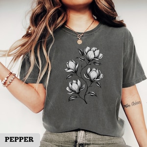 Black and white magnolia flower bouquet T-Shirt, vintage botanical illustration tee, elegant floral shirt, nature inspired bloom for lover
