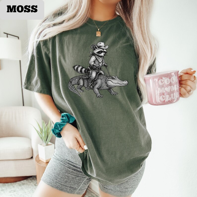 Vintage Cowboy Raccoon Riding Alligator T-Shirt, Western Animal Lover Tee, Vintage Wildlife Adventure Shirt, Funny Cartoon Ranch Tee image 4