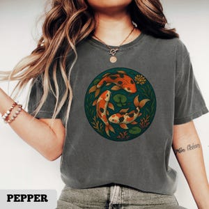 Koi fish pond T-Shirt, Japanese koi carp shirt with lotus and lily pads top, oriental ornamental fish tee, zen aquatic garden style T-Shirt