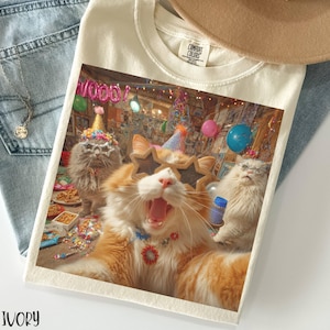 Funny Cat Party Shirt, Cat Birthday Tee, Party Cat T-Shirt, Whimsical Cat Top, Cat Lover Birthday Gift, Festive Cat Tshirt, Cat Party Tee