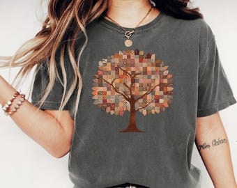 Faux Patchwork Tree Shirt, Faux Patchwork Tee, Faux Patchwork T-Shirt, Faux Patchwork Top, Autumn Patchwork Shirt, Fall Patchwork Tee