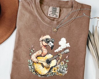 Retro Flamingo Playing Guitar T-Shirt, Retro Bird Musician Tee, Rock And Roll Animal Graphic Shirt, Vintage Music Lover Top, Flamingo Shirt