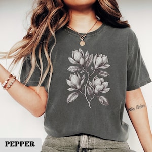Vintage magnolia flower bouquet T-Shirt, detailed botanical illustration tee, elegant floral shirt, black and white bloom for nature lover