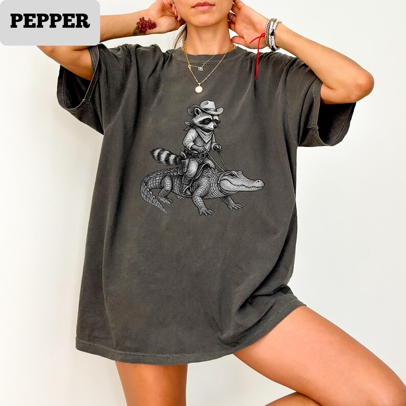 Vintage Cowboy Raccoon Riding Alligator T-Shirt, Western Animal Lover Tee, Vintage Wildlife Adventure Shirt, Funny Cartoon Ranch Tee image 8