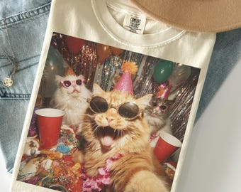 Funny Party Cat Shirt, Cat Birthday Tee, Cat Wearing Sunglasses T-Shirt, Trendy Cat Party Top, Cat Lover Gift, Cat Party T-Shirt