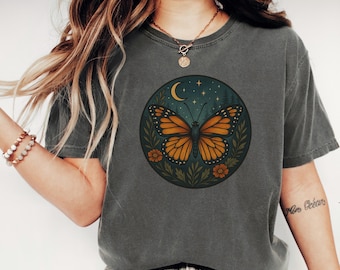 Monarch butterfly moon T-Shirt, mystical luna moth style shirt, orange winged butterfly tee with flowers and stars, spirit animal aesthetic