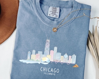 Camiseta de Chicago, Illinois, camiseta con el horizonte de Chicago, camiseta con paisaje urbano, camiseta de la ciudad de Illinois, top de estilo urbano, camiseta de recuerdo de viaje, camiseta de Chicago
