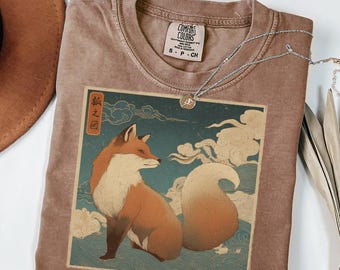 Vintage Fox Art T-Shirt, Vintage Fox Illustration Tee, Japanese Style Animal Shirt, Woodland Creature Top, Fox Shirt, Animal Tee, Fox Gift