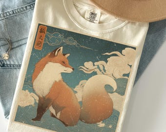 Vintage Fox Art T-Shirt, Vintage Fox Illustration Tee, Japanese Style Animal Shirt, Woodland Creature Top, Fox Shirt, Animal Tee, Fox Gift