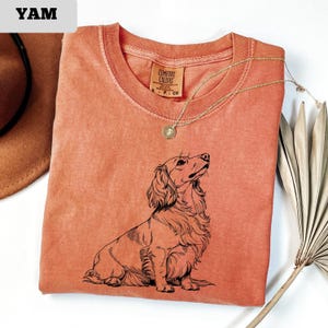 May include: A coral-colored Comfort Colors t-shirt featuring a black illustration of a long-haired dachshund looking upwards. A gold necklace with a pendant is draped on the shirt. The shirt is folded on a white surface.