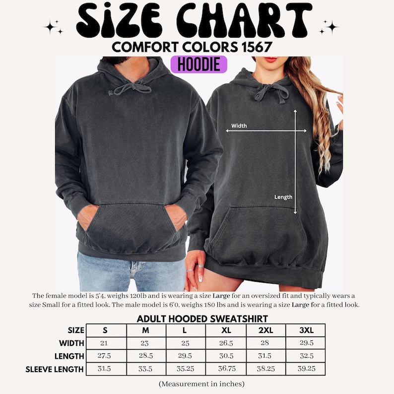 K&ouml;nnte beinhalten: Gr&ouml;&szlig;entabelle f&uuml;r einen Comfort Colors 1567 Hoodie. Die Tabelle zeigt die Ma&szlig;e in Zoll f&uuml;r Kapuzenpullover f&uuml;r Erwachsene, einschlie&szlig;lich Breite, L&auml;nge und &Auml;rmell&auml;nge f&uuml;r die Gr&ouml;&szlig;en S bis 3XL. Das Bild zeigt auch ein m&auml;nnliches und weibliches Model, das den Hoodie tr&auml;gt.