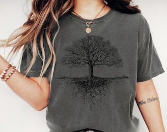 Detailed tree of life with roots T-Shirt, intricate botanical line art oak, nature lover tee, forest core shirt, woodland scene top, roots