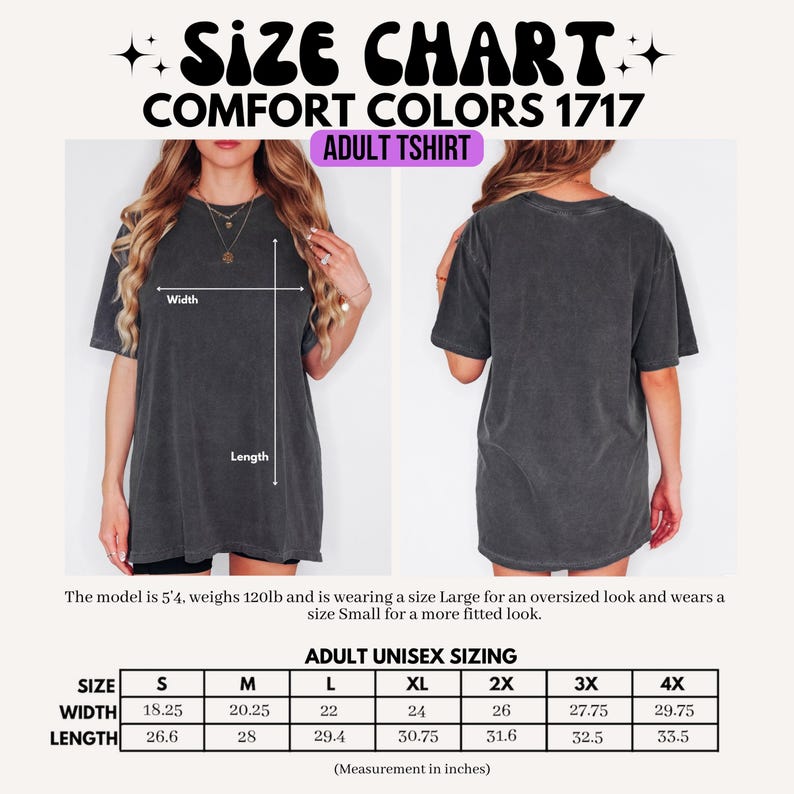 K&ouml;nnte beinhalten: Gr&ouml;&szlig;entabelle f&uuml;r Comfort Colors 1717 T-Shirts f&uuml;r Erwachsene. Die Ma&szlig;e sind in Zoll angegeben, Gr&ouml;&szlig;en S bis 4XL. Das Model ist 1,63 m gro&szlig; und wiegt 54 kg, tr&auml;gt Gr&ouml;&szlig;e L f&uuml;r einen Oversized-Look und S f&uuml;r eine engere Passform. Ma&szlig;e in cm.