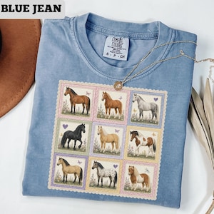 May include: Blue t-shirt with a square graphic featuring nine horse illustrations in a patchwork design. The shirt has a crew neck and short sleeves. The text "BLUE JEAN" is in the upper left corner.