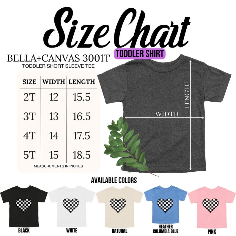Pu&ograve; includere: Una maglietta a maniche corte grigio scuro per bambini piccoli con una tabella delle taglie. La tabella mostra le misure in pollici per le taglie da 2T a 5T. I colori disponibili includono nero, bianco, naturale, blu Columbia melange e rosa.