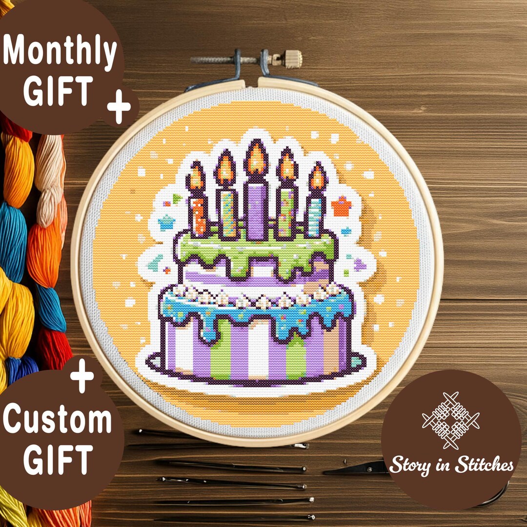 Colorful Birthday Cake Cross Stitch Pattern, Party Dessert Design (PDF ...