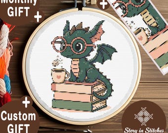 Book Dragon Cross Stitch Pattern, Cozy Fantasy Creature with Coffee (PDF Download)
