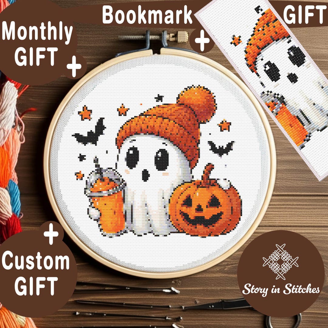 Ghost With Pumpkin Cross Stitch Pattern, Halloween Latte Decor (PDF ...