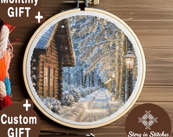 May include: A cross-stitch embroidery hoop featuring a winter scene with a cabin and snow-covered path. The wooden hoop holds the detailed needlework, with the text "Story in Stitches" and "Monthly GIFT + Custom GIFT" visible.