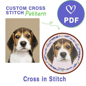 May include: A custom cross stitch pattern featuring a beagle. The image includes a photo of the dog, a cross-stitched version, and a PDF icon. Text reads "Custom Cross Stitch Pattern" and "Cross in Stitch".