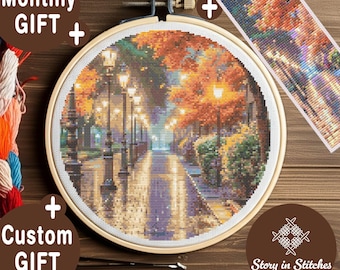 May include: A cross-stitch kit featuring a street scene with lampposts and autumn foliage. The kit includes a bookmark and is labeled "Monthly Gift" and "Custom Gift". The text "Story in Stitches" is also visible.