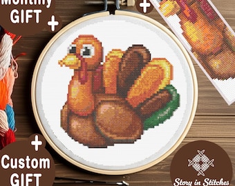 Thanksgiving Turkey Cross Stitch Pattern, Pixel Bird Decor (PDF Download)
