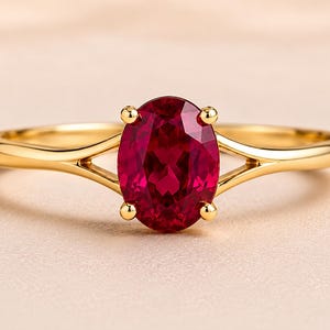 Op de afbeelding: Een gouden ring met een centrale ovaal geslepen dieprode edelsteen die door vier pootjes wordt vastgehouden. De ringband heeft een gespleten ontwerp dat taps toeloopt naar de zetting, wat zorgt voor een gepolijste en gladde uitstraling.