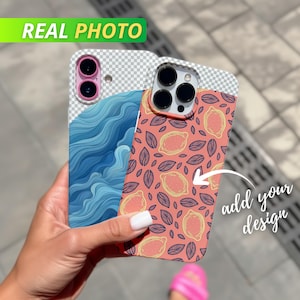 May include: Two phone cases, one with a blue wave design and the other with a pink lemon pattern. The text "add your design" is written on the image. The words "REAL PHOTO" are in a green banner.