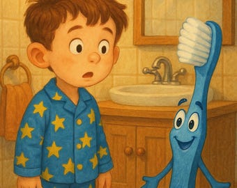 Pode incluir: Ilustração de um livro infantil intitulado "Artem e o Monstro dos Dentes". Um menino de pijama azul com estrelas amarelas está em uma casa de banho, com uma expressão de surpresa. Uma escova de dentes de desenho animado com um rosto sorridente está ao lado dele.