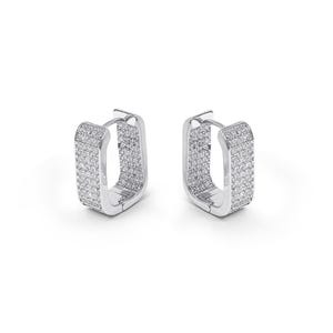 May include: A pair of silver-toned rectangular hoop earrings featuring a pavé setting with numerous small, clear, sparkling stones covering the front and side surfaces of each earring, secured with a hinged post closure mechanism.