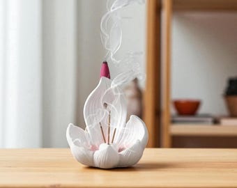 Lotus Backflow & Stick Incense Holder – 10 cm Ceramic Burner – Handmade Zen Decor