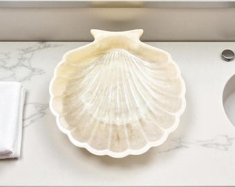 Jabonera de concha de resina hecha a mano, 11 cm, color nácar blanco, decoración costera para baño.