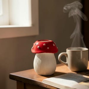 Puede incluir: Un difusor de cerámica con forma de hongo, con una parte superior roja con lunares blancos y una base blanca. Una taza beige y un libro abierto están sobre una mesa de madera. Sale vapor de la taza.