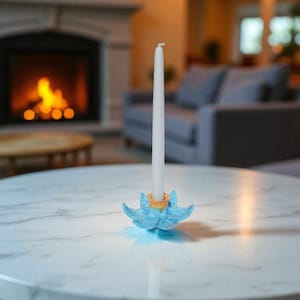 Blue Flower Ceramic Candle Holder – Handmade Decorative Candlestick, 12 cm