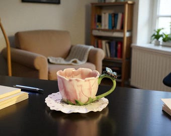 Handmade Floral Mug – 300 ml Pink Rose Cup with Butterfly – Artistic Flower-Inspired Mug