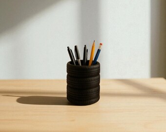 3D Printed Tire Pen Holder – Wheel Shape Desk Organizer – 11 cm